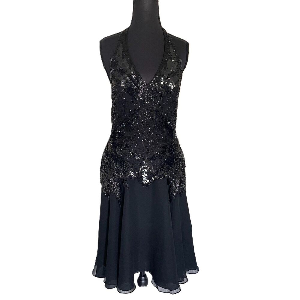 Nite Line Black Silk Beaded Sequin Halter Dress Sz XS/S Flapper Gatsby Cocktail